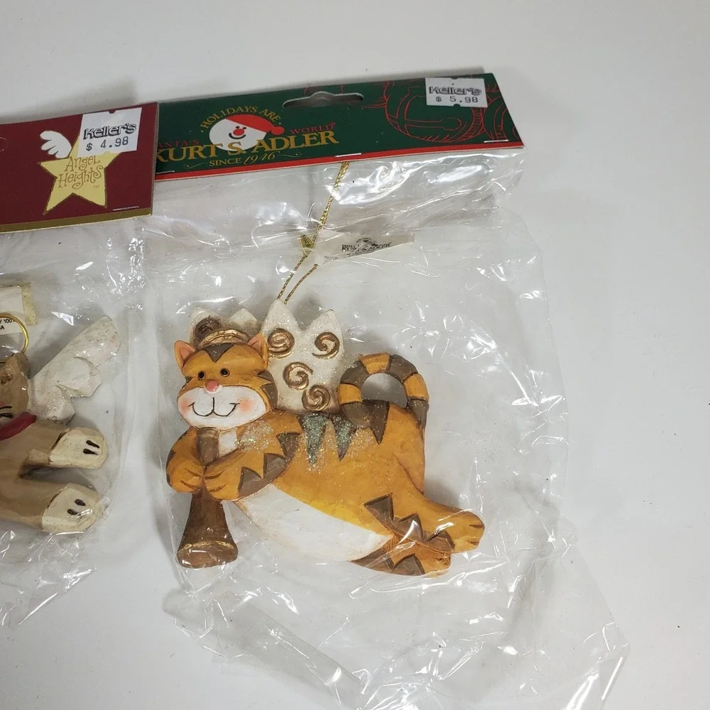 2 Kurt Adler Glitter Cat Angels Christmas Ornament Brown Orange Kittens New NIP